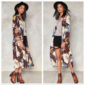 🌈NWT Nasty Gal Brown Floral Maxi Kimono, Small